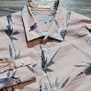 Ted Baker Men's Thistle Print Floral Button Down Shirt in Pink and Gray, Size 6